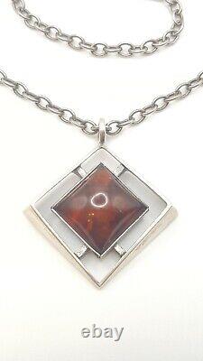 MCM 1970s MODERNIST Vintage 835 SILVER & AMBER Pendant NECKLACE Scandinavian