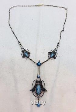 Marius Hammer Norway Vintage Sterling Silver & Blue Enamel Drop Necklace