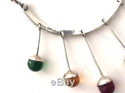 Modernist'60'S Swedish STERLING Drop 5 Round Colored Stone Necklace Marked