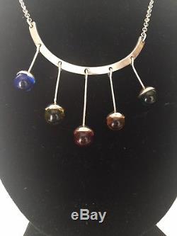 Modernist'60'S Swedish STERLING Drop 5 Round Colored Stone Necklace Marked