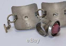 Modernist Vintage Set 1970s Kea Pewter Bracelet Ring Pink Cabochon Denmark