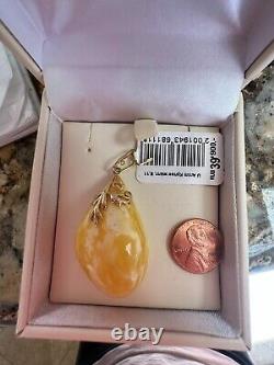 NIB Natural Butterscotch Egg-Yolk Amber Sterling Gold Pendant Necklace