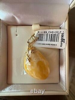 NIB Natural Butterscotch Egg-Yolk Amber Sterling Gold Pendant Necklace