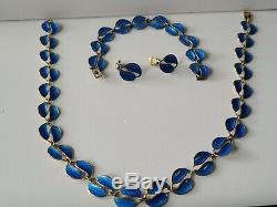 NORWAY David Andersen Sterling Blue Enamel Double Leaf Necklace Set SIGNED
