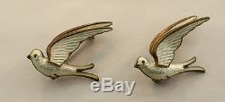 NORWEGIAN NORWAY HROAR PRYDZ 925S WHITE ENAMEL' BIRDS IN FLIGHT 2 PINS c1960's