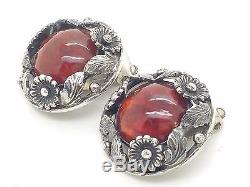 N. E. From Sterling Silver Floral Round Cabachon Amber Clip On Earrings Denmark