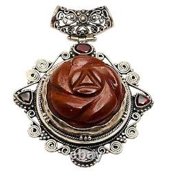 Natural Spessartite Garnet Carved Rossette Gemstone 925SS Boho Gothic XL Pendant