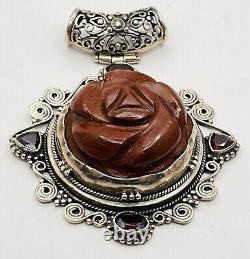 Natural Spessartite Garnet Carved Rossette Gemstone 925SS Boho Gothic XL Pendant