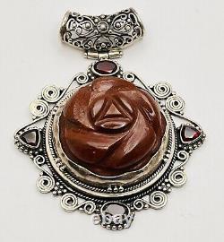 Natural Spessartite Garnet Carved Rossette Gemstone 925SS Boho Gothic XL Pendant