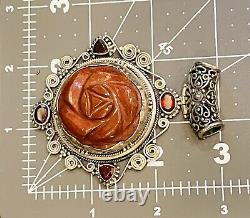 Natural Spessartite Garnet Carved Rossette Gemstone 925SS Boho Gothic XL Pendant