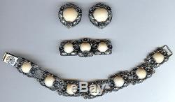 Ne From Denmark Vintage Sterling Silver Flower Leaves Bracelet Pin Earrings Set