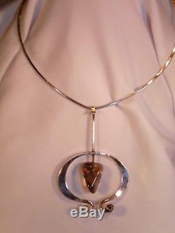 Norwegian Signed Sterling Silver & Amber Avant Garde Necklace by Tone Vigeland