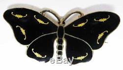 O F Hjortdahl Sterling+BLACK & GOLD Enamel Butterfly Pin50s Norway BroochRARE