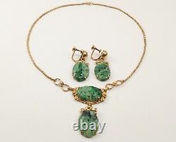 RARE Vtg VAN DELL 12k Gold Filled Genuine Natural Jade Gem Earrings & Necklace