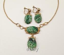 RARE Vtg VAN DELL 12k Gold Filled Genuine Natural Jade Gem Earrings & Necklace