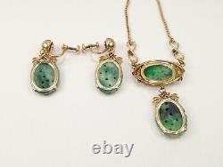 RARE Vtg VAN DELL 12k Gold Filled Genuine Natural Jade Gem Earrings & Necklace