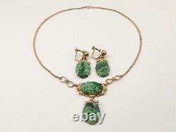 RARE Vtg VAN DELL 12k Gold Filled Genuine Natural Jade Gem Earrings & Necklace