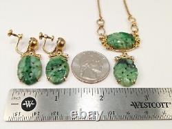 RARE Vtg VAN DELL 12k Gold Filled Genuine Natural Jade Gem Earrings & Necklace