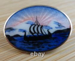 Rare Norway OF Hjortdahl Sterling Silver Guilloche Enamel Pin Viking Ship #117