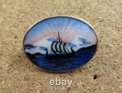 Rare Norway OF Hjortdahl Sterling Silver Guilloche Enamel Pin Viking Ship #117