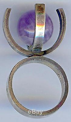 Signed Scandinavian Ultra Cool Vintage Sterling Silver Amethyst Modernist Ring