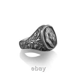 Solid 925 Sterling Silver Engraved Scandinavian Grizzly Bear Square Mens Ring