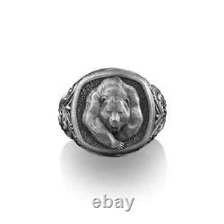 Solid 925 Sterling Silver Engraved Scandinavian Grizzly Bear Square Mens Ring
