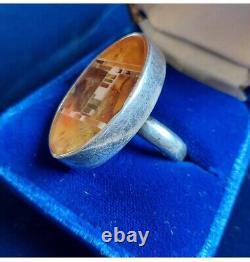 Sterling Silver Amber Ring Scandinavian Danish Midcentury Artisan 925 Sz6 Signed