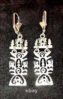 Sterling Silver Folk Art Earrings Long Ornate Cutwork Tulip Maiden Dragon OOAK