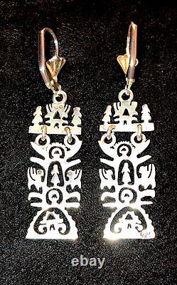 Sterling Silver Folk Art Earrings Long Ornate Cutwork Tulip Maiden Dragon OOAK