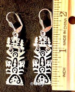 Sterling Silver Folk Art Earrings Long Ornate Cutwork Tulip Maiden Dragon OOAK