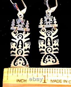 Sterling Silver Folk Art Earrings Long Ornate Cutwork Tulip Maiden Dragon OOAK