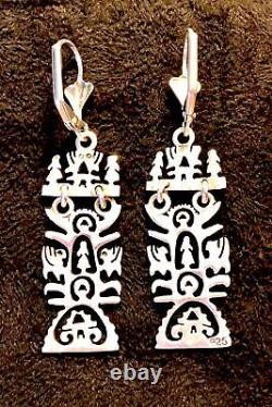 Sterling Silver Folk Art Earrings Long Ornate Cutwork Tulip Maiden Dragon OOAK