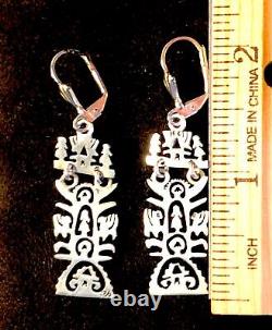 Sterling Silver Folk Art Earrings Long Ornate Cutwork Tulip Maiden Dragon OOAK