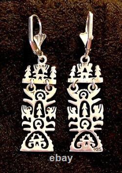 Sterling Silver Folk Art Earrings Long Ornate Cutwork Tulip Maiden Dragon OOAK