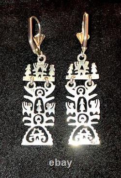 Sterling Silver Folk Art Earrings Long Ornate Cutwork Tulip Maiden Dragon OOAK