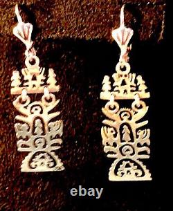 Sterling Silver Folk Art Earrings Long Ornate Cutwork Tulip Maiden Dragon OOAK