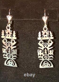 Sterling Silver Folk Art Earrings Long Ornate Cutwork Tulip Maiden Dragon OOAK