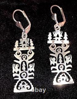 Sterling Silver Folk Art Earrings Long Ornate Cutwork Tulip Maiden Dragon OOAK