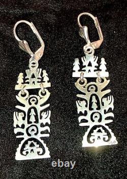 Sterling Silver Folk Art Earrings Long Ornate Cutwork Tulip Maiden Dragon OOAK