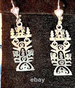 Sterling Silver Folk Art Earrings Long Ornate Cutwork Tulip Maiden Dragon OOAK