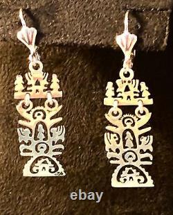 Sterling Silver Folk Art Earrings Long Ornate Cutwork Tulip Maiden Dragon OOAK