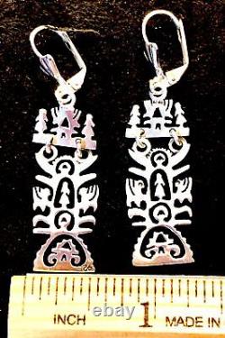 Sterling Silver Folk Art Earrings Long Ornate Cutwork Tulip Maiden Dragon OOAK