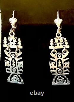 Sterling Silver Folk Art Earrings Long Ornate Cutwork Tulip Maiden Dragon OOAK