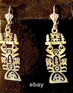 Sterling Silver Folk Art Earrings Long Ornate Cutwork Tulip Maiden Dragon OOAK