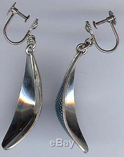 Tostrup Norway Vintage Modernist Sterling Silver Blue Enamel Dangle Earrings