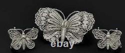 US Imported Danish Sterling Silver Filagree Butterfly Brooch & Earring Set 1930s