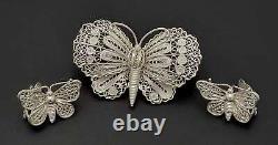 US Imported Danish Sterling Silver Filagree Butterfly Brooch & Earring Set 1930s