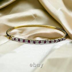 VINTAGE-10k Gold- Natural Ruby Bracelet- 7- 1 CTTW Ruby & Diamond Bangle-4.6g