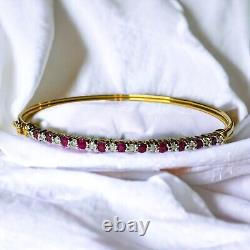 VINTAGE-10k Gold- Natural Ruby Bracelet- 7- 1 CTTW Ruby & Diamond Bangle-4.6g